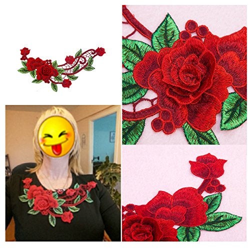 FEEPOP 3D Red Rose Floral Trim Venise Applique Motif Embroidered Collar Sew on Patches for Sewing Repair Clothes - Image 3