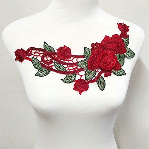 FEEPOP 3D Red Rose Floral Trim Venise Applique Motif Embroidered Collar Sew on Patches for Sewing Repair Clothes - Image 4