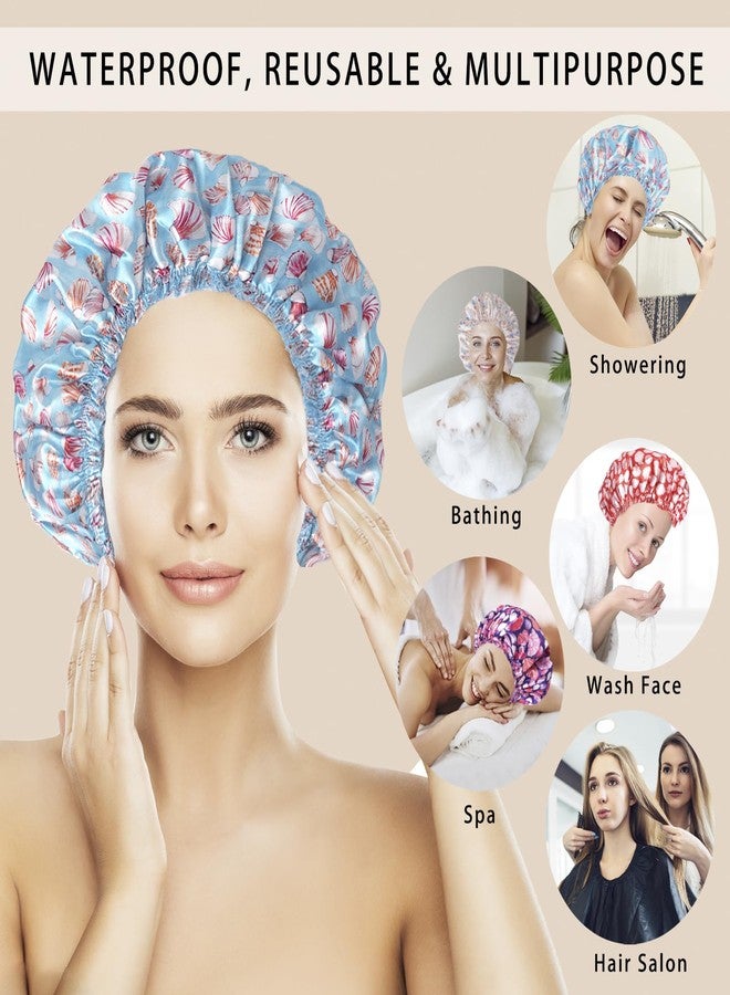CHFONG Shower Caps for Women, 4 PCS Elastic and Reusable Bath Caps, Double Layers Shower Cap Reusable Waterproof, Bathing Shower Caps, Environmental Bath Hair Protection Cap - Shell - Image 3