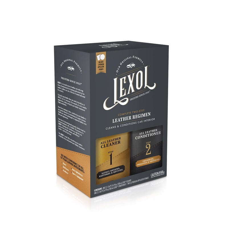 LEXOL طقم منظف ومرطب الجلد من ليكسول، للاستخدام على الأثاث، داخل السيارات، الأحذية، الحقائب، يتضمن 2 إسفنجة تطبيق، نظام من خطوتين، 16 أونصة لكل منهما - Image 1