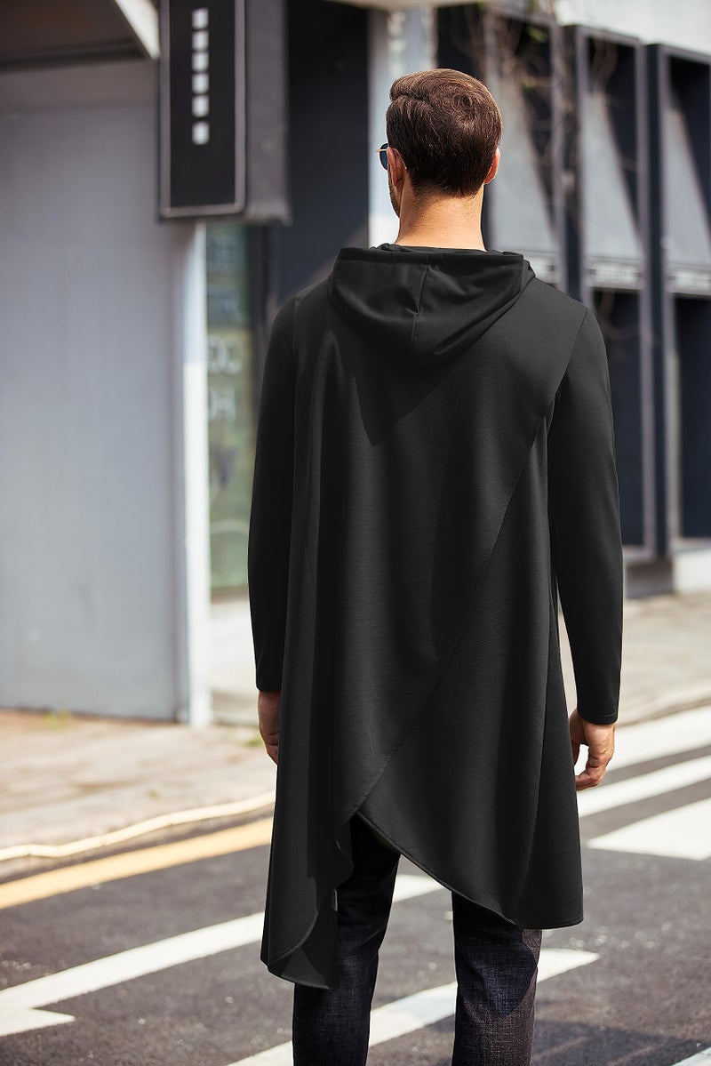 COOFANDY Mens Casual Hooded Poncho Cape Cloak Irregular Hem Hoodie Pullover Black Medium - Image 2