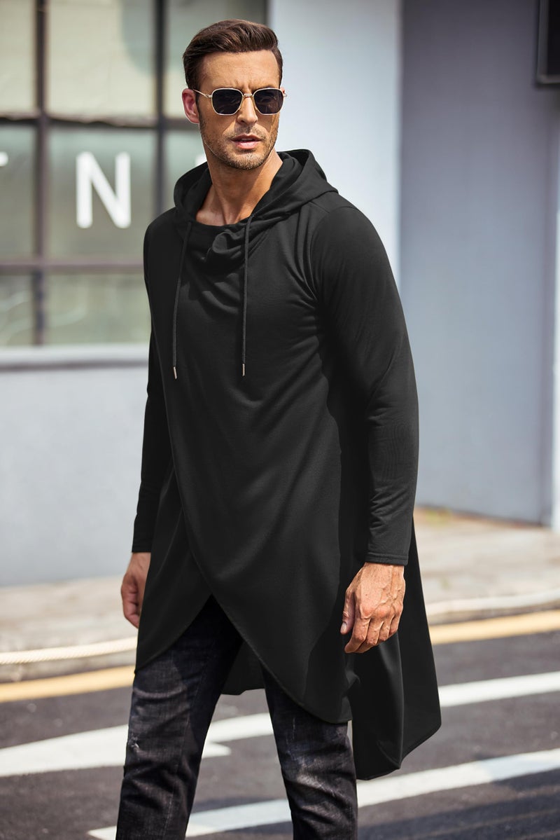 COOFANDY Mens Casual Hooded Poncho Cape Cloak Irregular Hem Hoodie Pullover Black Medium - Image 3