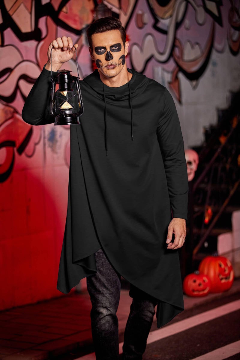 COOFANDY Mens Casual Hooded Poncho Cape Cloak Irregular Hem Hoodie Pullover Black Medium - Image 4