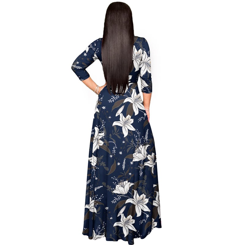 FANDEE Plus Size Maxi Dress for Women Casual Summer Sundress V-Neck 3/4 Sleeve(2-Blue & Flower,XX-Large) - Image 3