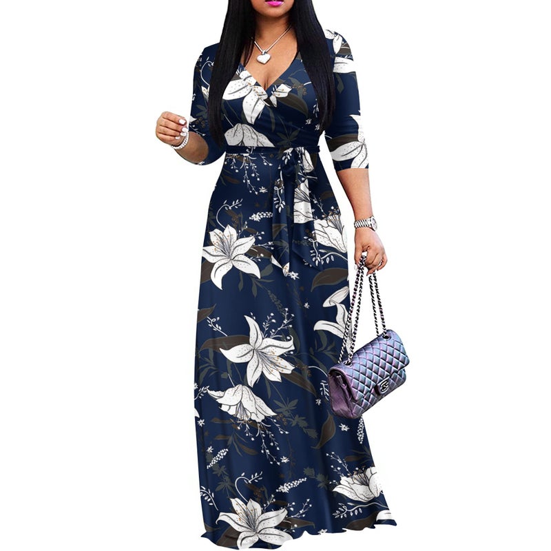 FANDEE Plus Size Maxi Dress for Women Casual Summer Sundress V-Neck 3/4 Sleeve(2-Blue & Flower,XX-Large) - Image 1