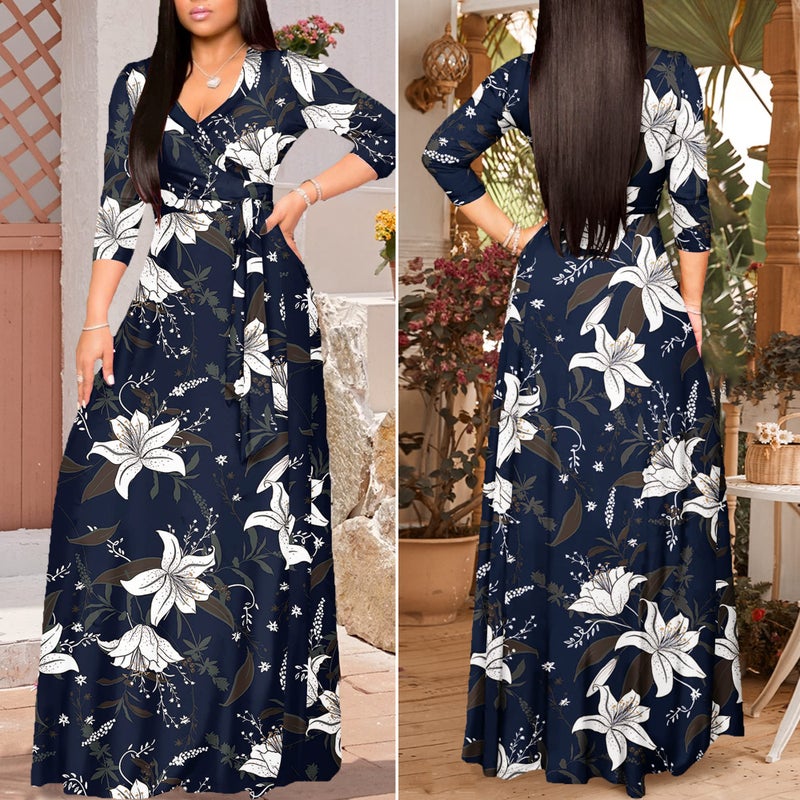 FANDEE Plus Size Maxi Dress for Women Casual Summer Sundress V-Neck 3/4 Sleeve(2-Blue & Flower,XX-Large) - Image 5