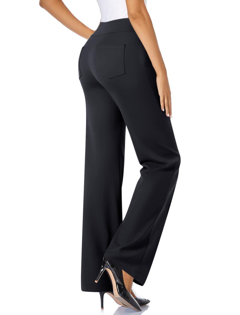 FireSwan Womens Dress Pants Stretchy Wide Leg Work Pants Business Casual Trousers Pull On Office Slacks with 4 Pockets Black - Image 2