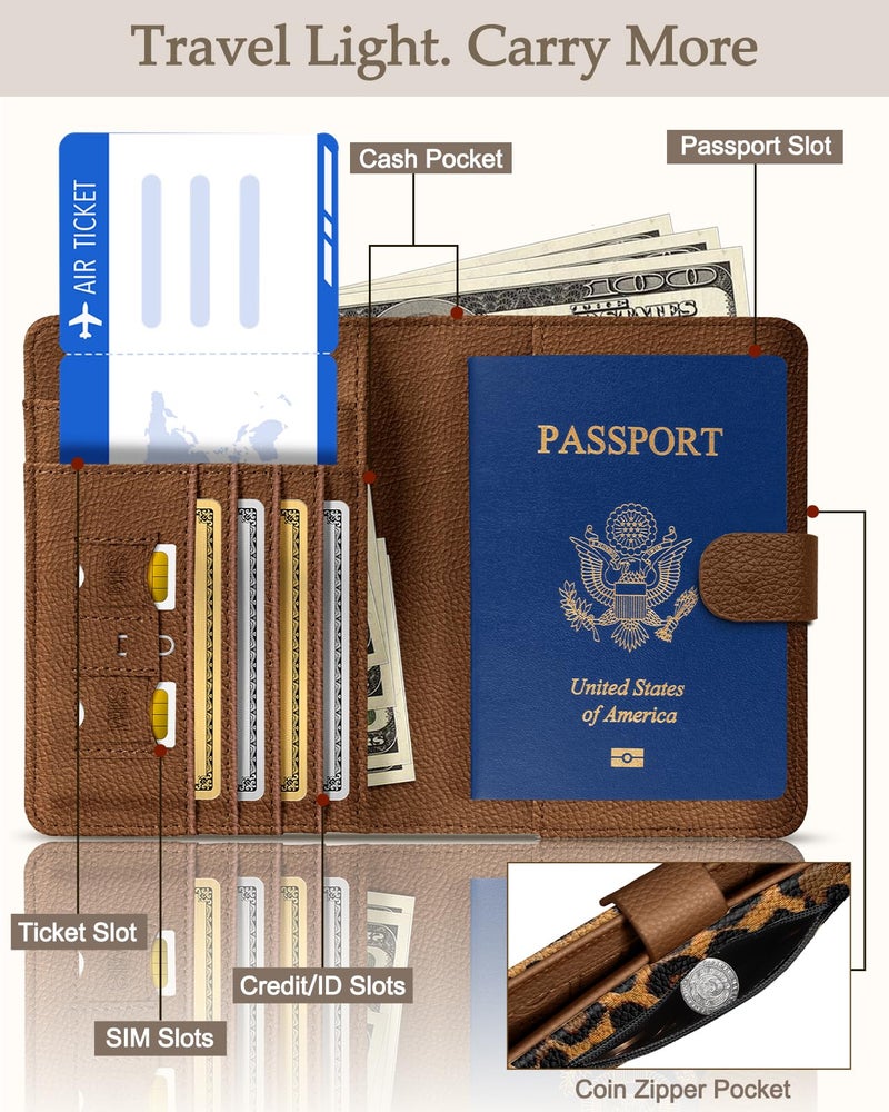 Slohif Passport Wallet Holder Cover for Travel - Women Men RFID Blocking Passport Book Case Protector, Brown Leopard Cheetah Leather Personalized Organizer Slim Carrier Boarding Pass Cards Slots - Image 2