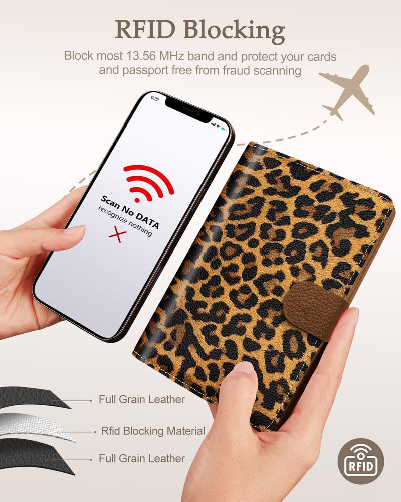 Slohif Passport Wallet Holder Cover for Travel - Women Men RFID Blocking Passport Book Case Protector, Brown Leopard Cheetah Leather Personalized Organizer Slim Carrier Boarding Pass Cards Slots - Image 5