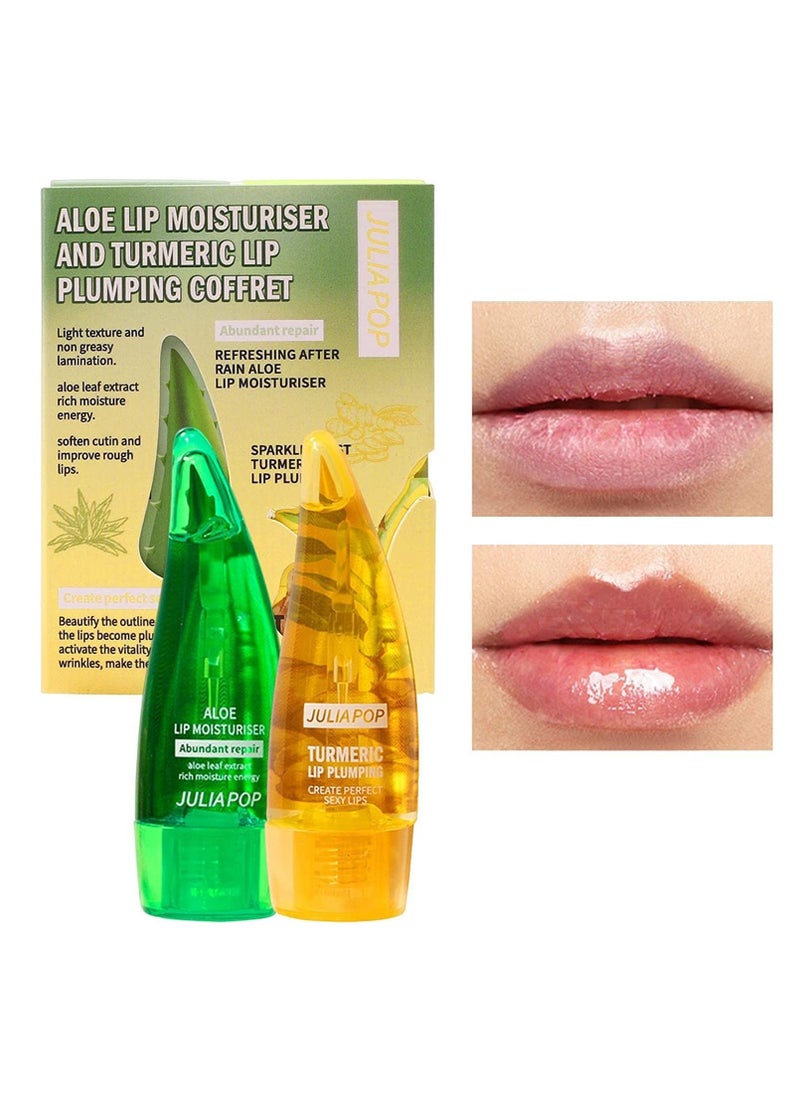 JULIA POP - 2 Pieces Natural Lip Maximizer Plumper Set Aloe Lip Moisturizers and Turmeric Lip Plumping Coffret Day& Night Ginger Aloe Vera Lip Care Serum Oil Enhancer Treatment Reduce Fine Lines for Women - Image 1