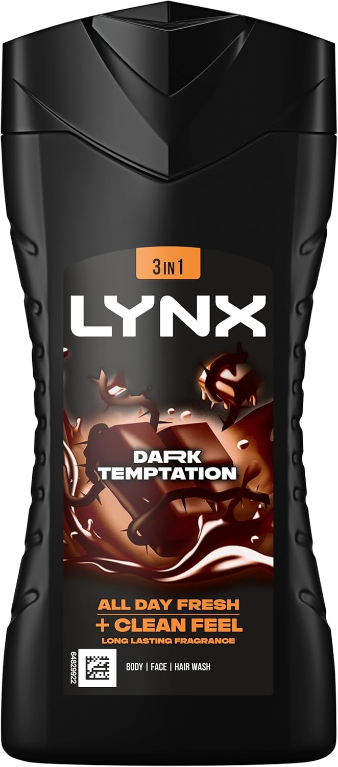 lynx لينكس للرجال - إغراء داكن 3 في 1 جل استحمام مع رائحة غنية من الشوكولاتة 225 مل عبوة من 6