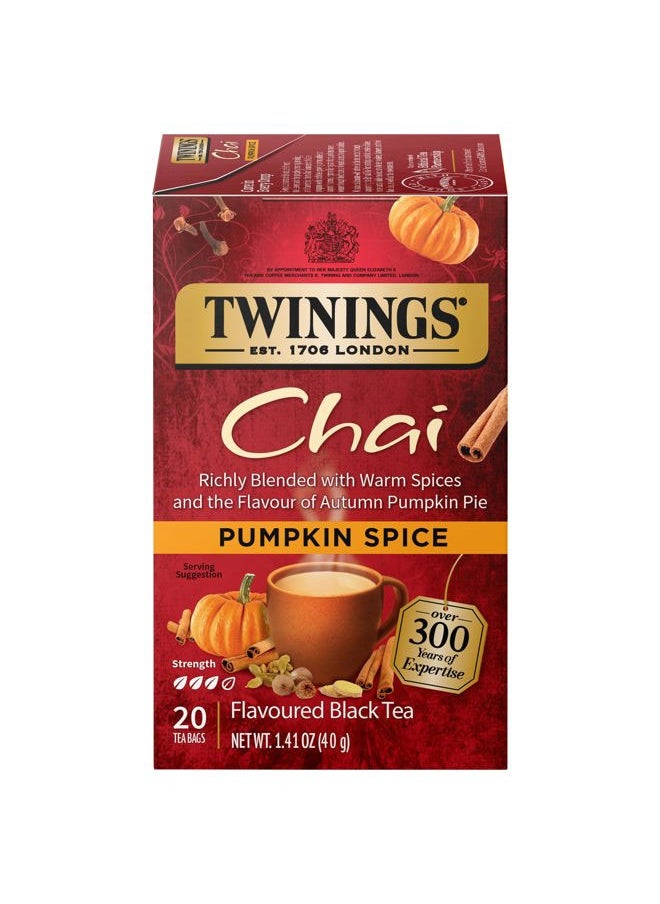 Twinings Pumpkin Spice Chai Black Tea Individually Wrapped Bags, 20 Count (Pack of 1), Warm, Spicy & Aromatic, Caffeinated, Enjoy Hot or Iced  - Image 1