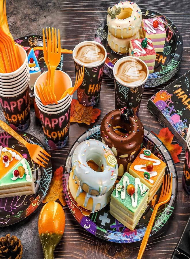 ANSEE 125PCS Plates and Napkins Set, 9 inches Neon Happy Halloween & 7 inches Black Cat Paper Plate Napkins Cups Forks for Birthday Party Decorations Dinnerware Supplies (Halloween Plates Set) - Image 2