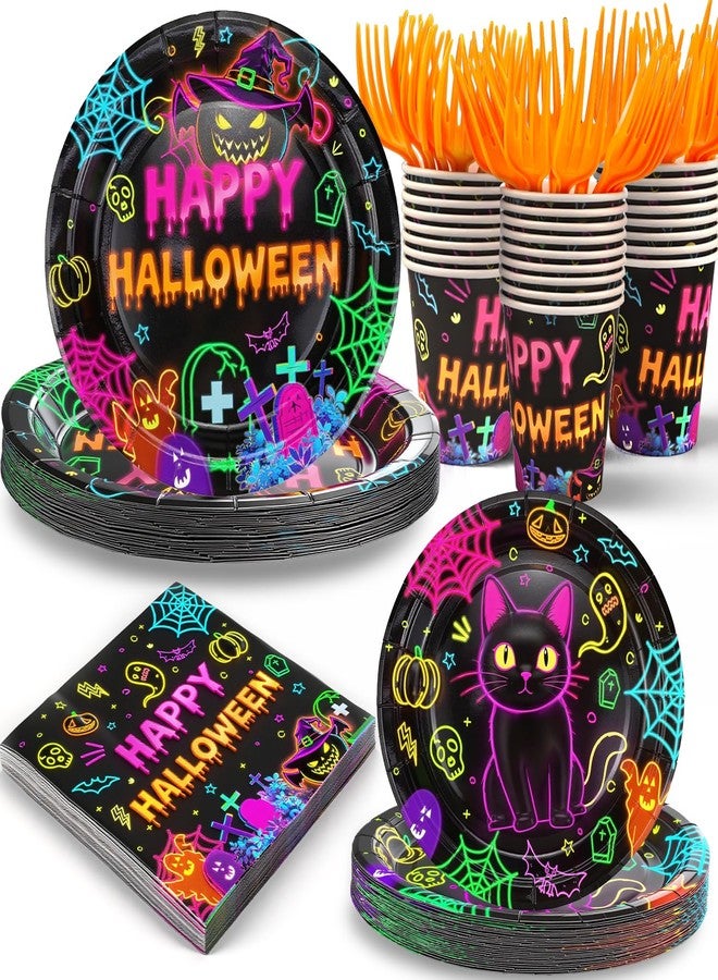 ANSEE 125PCS Plates and Napkins Set, 9 inches Neon Happy Halloween & 7 inches Black Cat Paper Plate Napkins Cups Forks for Birthday Party Decorations Dinnerware Supplies (Halloween Plates Set) - Image 1