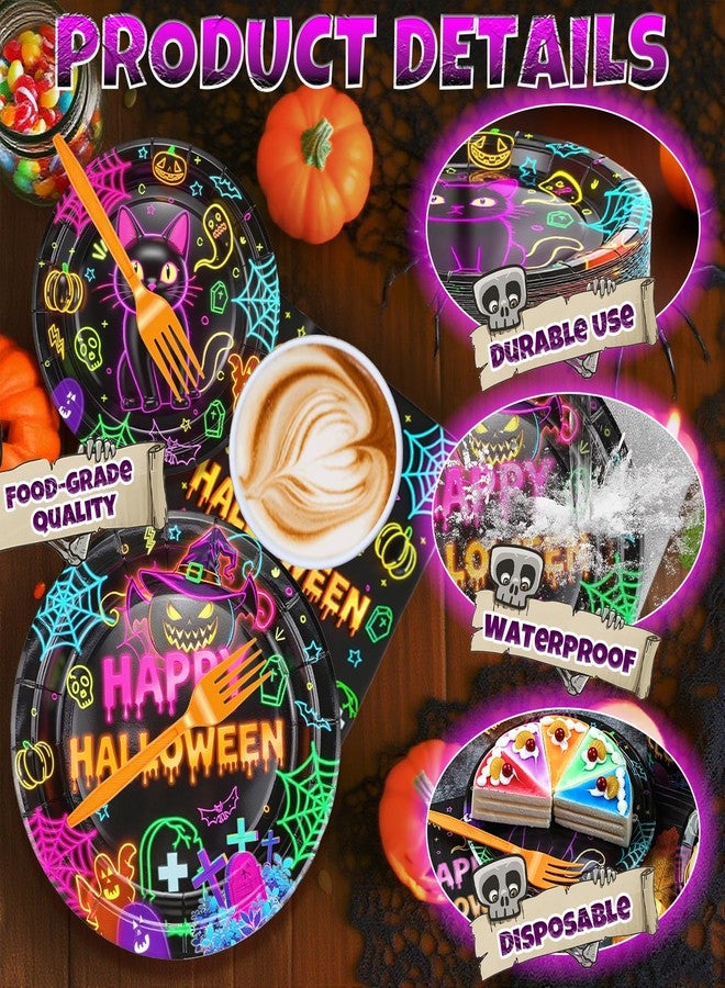 ANSEE 125PCS Plates and Napkins Set, 9 inches Neon Happy Halloween & 7 inches Black Cat Paper Plate Napkins Cups Forks for Birthday Party Decorations Dinnerware Supplies (Halloween Plates Set) - Image 4