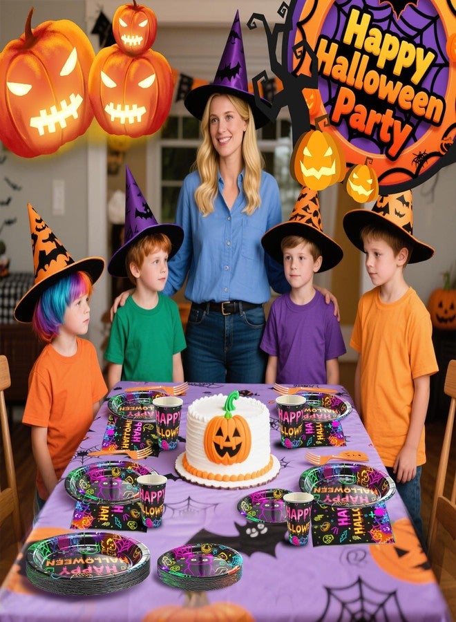 ANSEE 125PCS Plates and Napkins Set, 9 inches Neon Happy Halloween & 7 inches Black Cat Paper Plate Napkins Cups Forks for Birthday Party Decorations Dinnerware Supplies (Halloween Plates Set) - Image 5