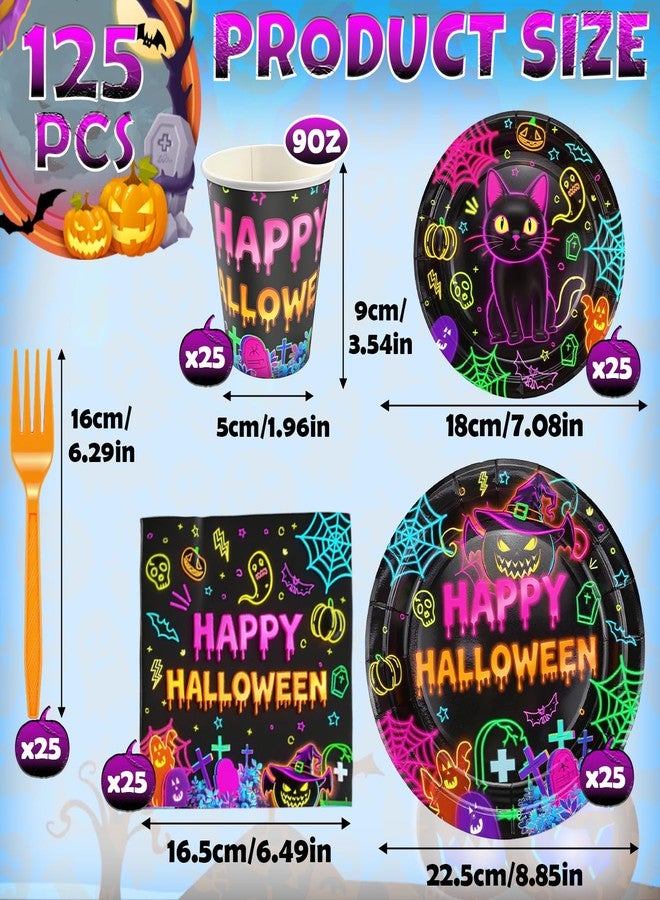 ANSEE 125PCS Plates and Napkins Set, 9 inches Neon Happy Halloween & 7 inches Black Cat Paper Plate Napkins Cups Forks for Birthday Party Decorations Dinnerware Supplies (Halloween Plates Set) - Image 3