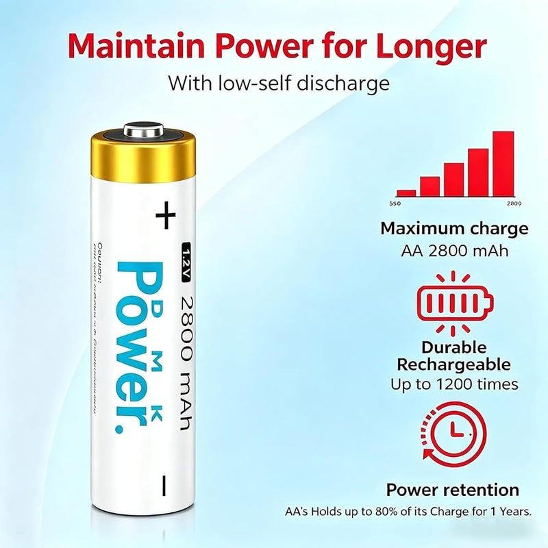 DMK POWER Rechargeable AA Batteries,2800mAh High Capacity Batteries 1.2V NiMH Low Self Discharge (WHITE, 8 PIECES) - Image 4