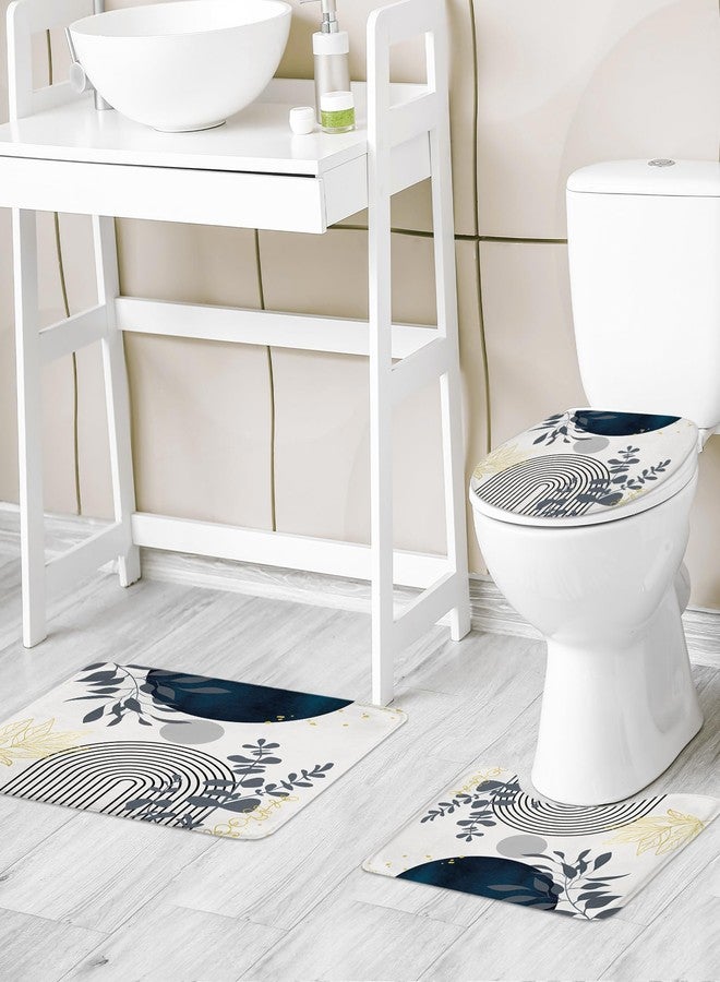 Riyidecor Mid Century Boho 4Pcs Shower Curtain Set with Toilet Lid Cover and Non-Slip Rugs,Modern Minimalist Navy Blue Bathroom Decor Set，Abstract Contour and Bath Mat with 12 Hooks - Image 2