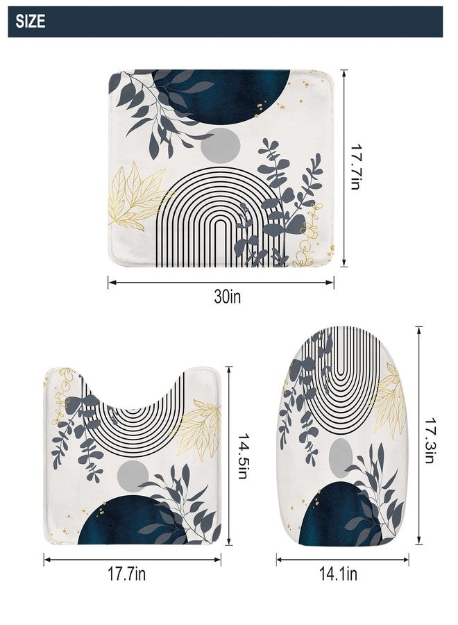 Riyidecor Mid Century Boho 4Pcs Shower Curtain Set with Toilet Lid Cover and Non-Slip Rugs,Modern Minimalist Navy Blue Bathroom Decor Set，Abstract Contour and Bath Mat with 12 Hooks - Image 4