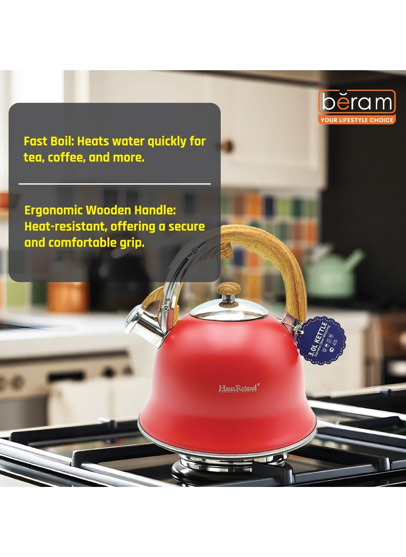 HausRoland Whistling Tea Kettle, Wooden Handles, 3L Capacity, Stainless Steel, Flat Bottom, for Electric, Gas, Induction, Radiation Stoves, Fast Boiling Teapot, Kitchen Utensils  - Image 3