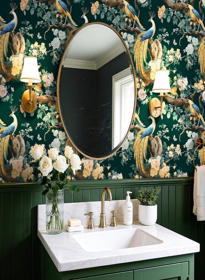 ReWallpaper ورق حائط ReWallpaper أخضر داكن بنقشة طيور صيني، قابل للإزالة واللصق، ورق حائط فاخر بنقشة طاووس، ورق حائط شرقي زهري مقاوم للماء، ديكور جداري لغرفة المعيشة والحمام وغرفة النوم، 17.5 بوصة × 23 قدمًا - Image 4