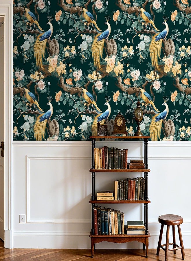 ReWallpaper ورق حائط ReWallpaper أخضر داكن بنقشة طيور صيني، قابل للإزالة واللصق، ورق حائط فاخر بنقشة طاووس، ورق حائط شرقي زهري مقاوم للماء، ديكور جداري لغرفة المعيشة والحمام وغرفة النوم، 17.5 بوصة × 23 قدمًا - Image 2