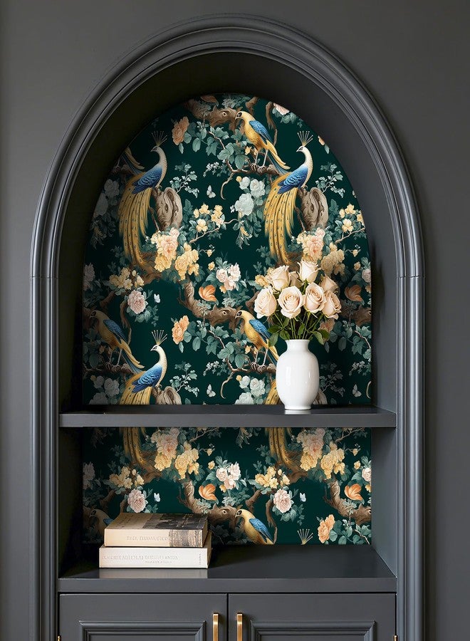 ReWallpaper ورق حائط ReWallpaper أخضر داكن بنقشة طيور صيني، قابل للإزالة واللصق، ورق حائط فاخر بنقشة طاووس، ورق حائط شرقي زهري مقاوم للماء، ديكور جداري لغرفة المعيشة والحمام وغرفة النوم، 17.5 بوصة × 23 قدمًا - Image 5