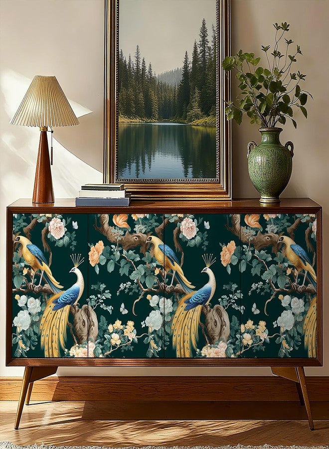 ReWallpaper ورق حائط ReWallpaper أخضر داكن بنقشة طيور صيني، قابل للإزالة واللصق، ورق حائط فاخر بنقشة طاووس، ورق حائط شرقي زهري مقاوم للماء، ديكور جداري لغرفة المعيشة والحمام وغرفة النوم، 17.5 بوصة × 23 قدمًا - Image 3