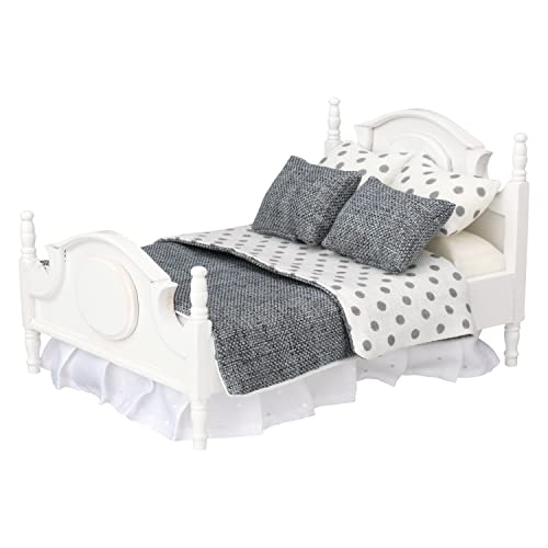Inusitus Dollhouse White Queen Bed for 6 Inch Dolls Mini Wooden Bed with Gray Bedding Realistic Bedroom Accessories 112 Scale - Image 1