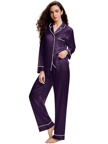 Lonxu Womens Satin Pajamas Set Dark Purple S