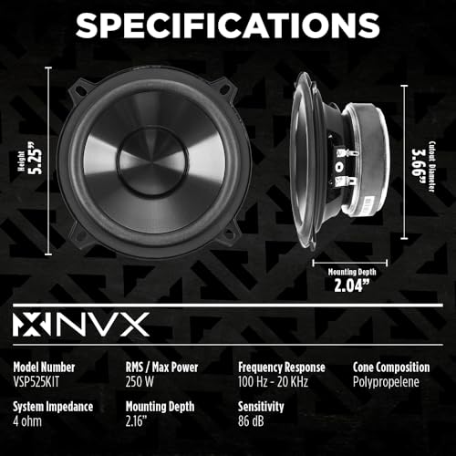 NVX® VSP525KIT 5.25" Premium Car Speakers, 750W Max, 250W RMS, 2-Way Component System w/ 1" Silk Dome Tweeters & Passive X-Overs, Easy to Install in Cars/Trucks/Doors (Pair) - Image 3