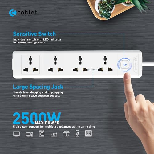 Cablet 4 Way Extension Board - 4 Universal Socket + 1 Switch, 10A and 2500W - 1.8m Heavy Duty Cable - White, Medium (Cablet 4010-18) - Image 2