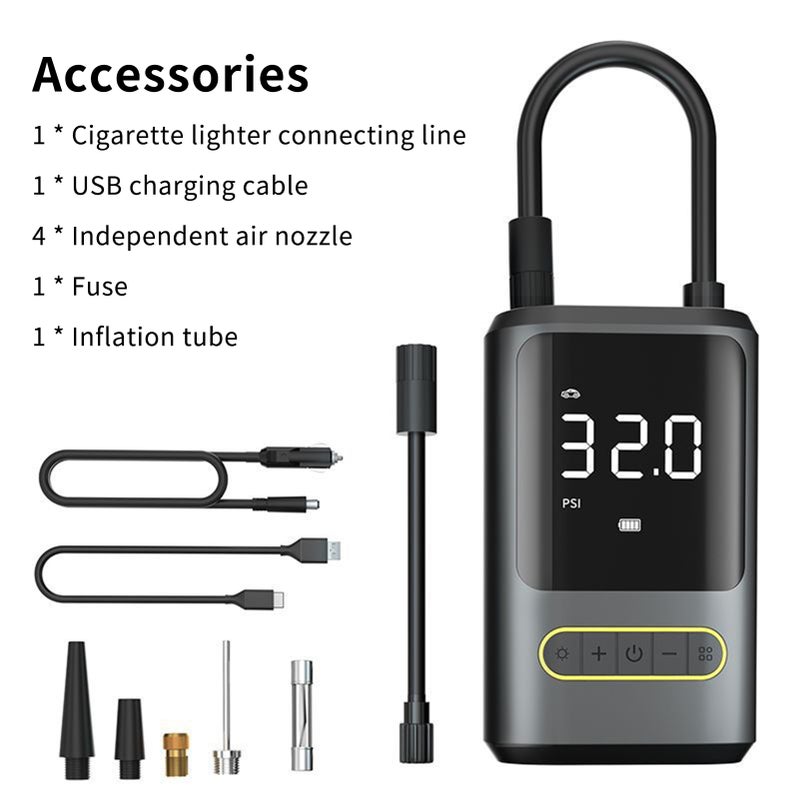 ضاغط هوائي لاسلكي محمول شحن بواسطة USB منفخ إطارات السيارات ومحول طاقة (باور بانك) ومضخة هوائية 150 باوند بالبوصة مربعة بشاشة رقمية وأضواء LED للسيارات والدراجات النارية والدراجات الكهربائية والألعاب الكروية - Image 3