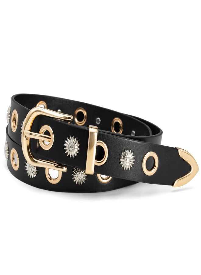 macoking Black Studded Belt for Women, Fashion Grommet Belt with Gold Buckle for Jeans Pants, Sunflower&Grommet Studs, S - Image 1