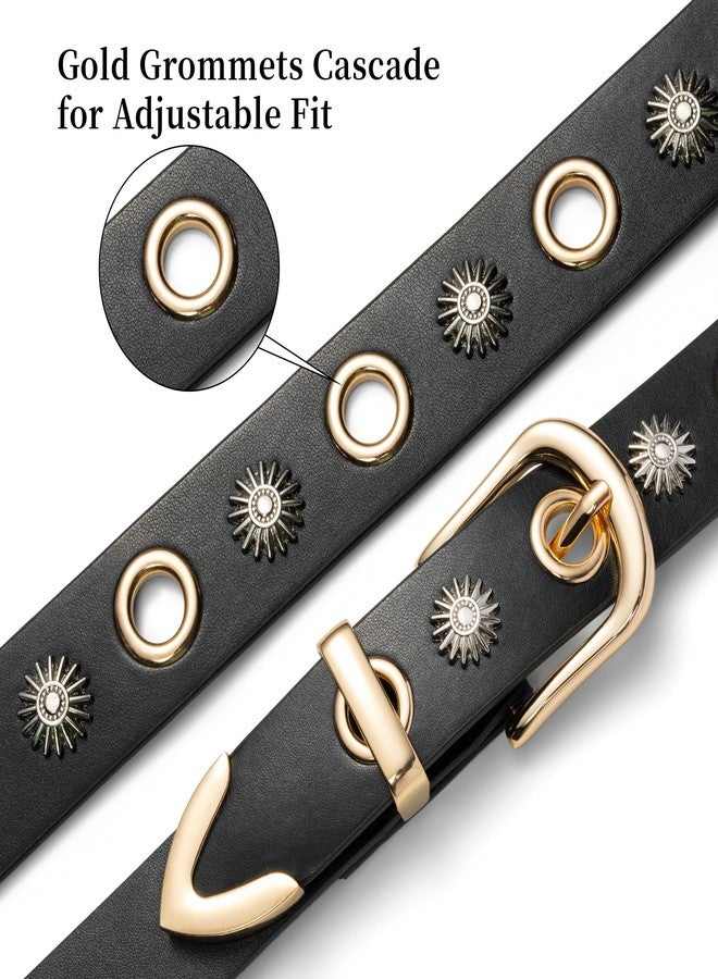 macoking Black Studded Belt for Women, Fashion Grommet Belt with Gold Buckle for Jeans Pants, Sunflower&Grommet Studs, S - Image 4