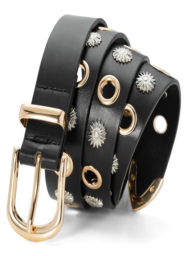 macoking Black Studded Belt for Women, Fashion Grommet Belt with Gold Buckle for Jeans Pants, Sunflower&Grommet Studs, S - Image 5