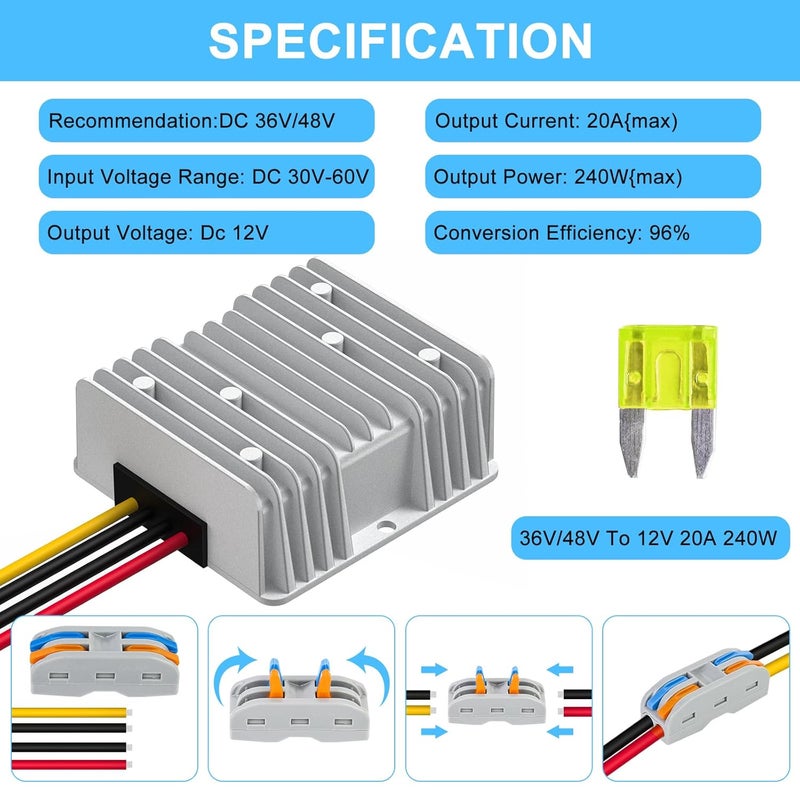 SUPERNIGHT 48V 36V to 12V Voltage Converter 240W 20A Regulator Step Down to 12V DC- DC Convert Reducer with Fuse Waterproof Power Supply Transformer Module for Golf Cart Scooters - Image 2