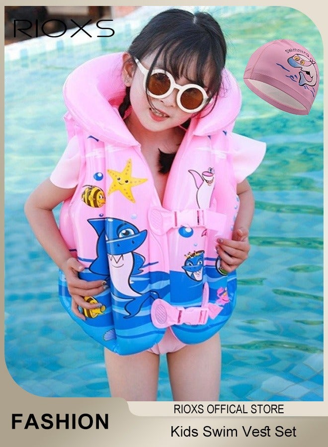 RIOXS Kids Swimming Set,Swim Vest And Swimming Cap For Boys And Girls,High Buoyancy Vest Inflatable Swimsuit Vest,Comfy Swimming Cap,For 2-9 Year Beginner Baby Children Sea Beach Pool  - Image 1