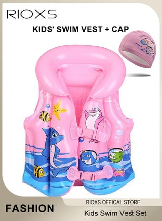 Kids Swimming Set,Swim Vest And Swimming Cap For Boys And Girls,High Buoyancy Vest Inflatable Swimsuit Vest,Comfy Swimming Cap,For 2-9 Year Beginner Baby Children Sea Beach Pool, Swimming Exercise, Pink - view 2