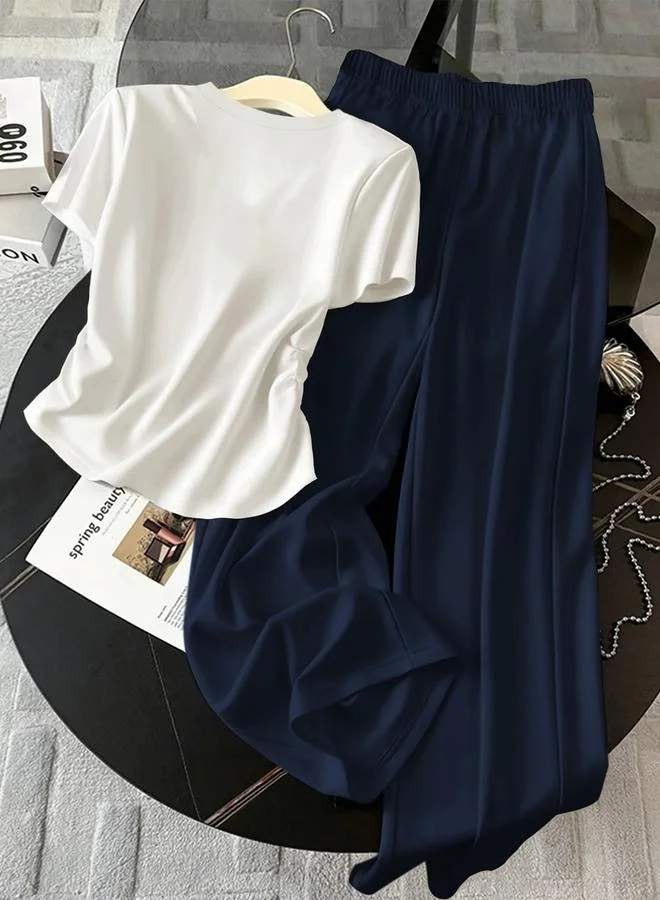 تايك تو Solid Round Neck Slim Fit T-Shirt and Pants Co-Ords