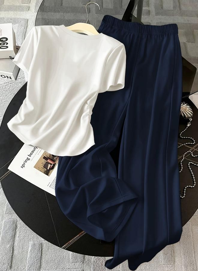 Take Two Solid Round Neck Slim Fit T-Shirt and Pants Co-Ords - Image 2