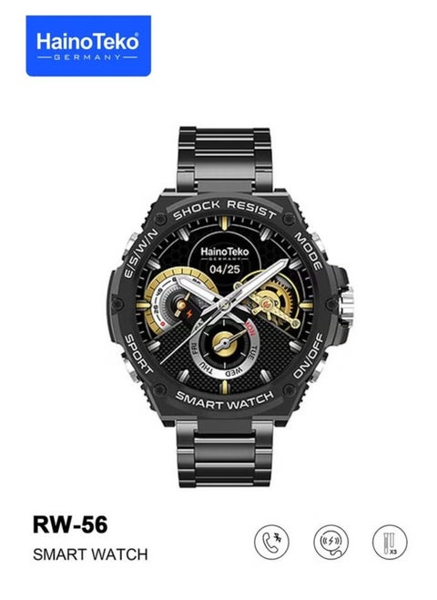 Germany RW56 Round Shape AMOLED Display Smart Watch With 3 Pair Straps And Wireless Charger Designed For Men And Boys Black