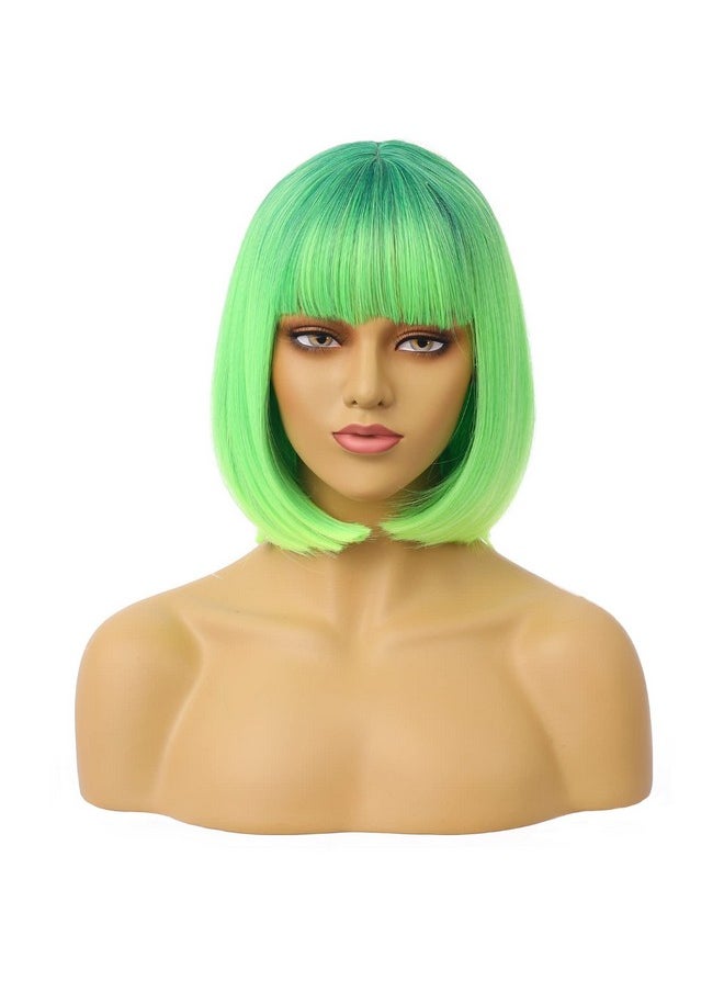 MAGQOO Green Wig For Women Ombre Green Bob Wig With Bangs 12 Inches Short Straight Green Hair Wigs St Patricks Day Synthetic Cosplay Party Wig  - Image 1