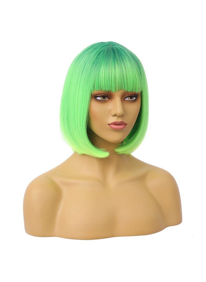 MAGQOO Green Wig For Women Ombre Green Bob Wig With Bangs 12 Inches Short Straight Green Hair Wigs St Patricks Day Synthetic Cosplay Party Wig  - Image 3