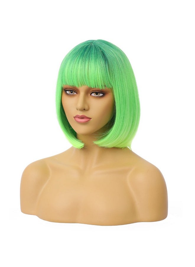 MAGQOO Green Wig For Women Ombre Green Bob Wig With Bangs 12 Inches Short Straight Green Hair Wigs St Patricks Day Synthetic Cosplay Party Wig  - Image 4
