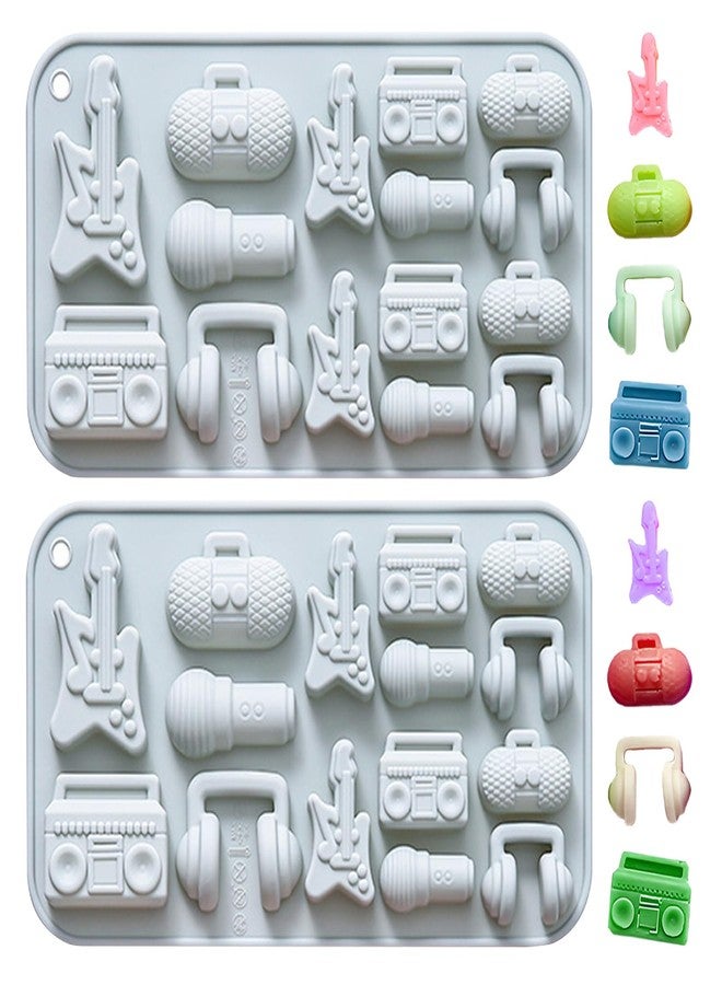 Vrthske 15 Cavity Silicone Music Theme Molds, 3D Guitar Shaped Chocolate Molds, Microphone Shaped Ice Cube Tray for Candy, Gummy, Jello, Wax, Set of 2 - Image 1