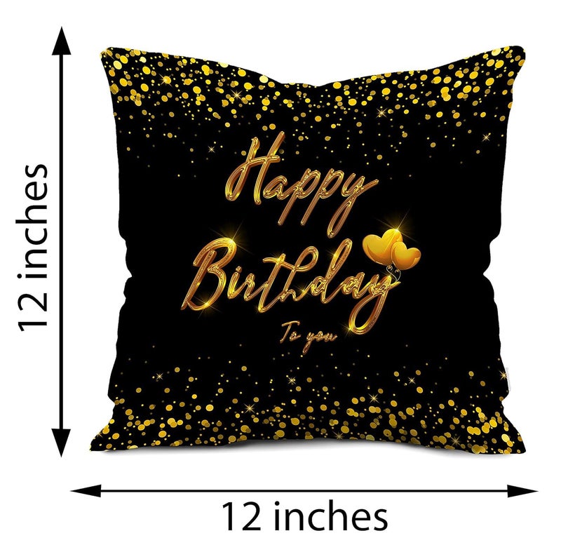 Happy Birthday Cushion Cover and Mug Set Black with Gold Lettering Happy Birthday Combo Pack of 12 x 12 Satin Cushion Cover with Filler with Ceramic Coffee Mug Greeting Card and Key Chain A01 - Image 3