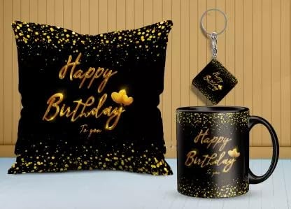 Happy Birthday Cushion Cover and Mug Set Black with Gold Lettering Happy Birthday Combo Pack of 12 x 12 Satin Cushion Cover with Filler with Ceramic Coffee Mug Greeting Card and Key Chain A01 - Image 1