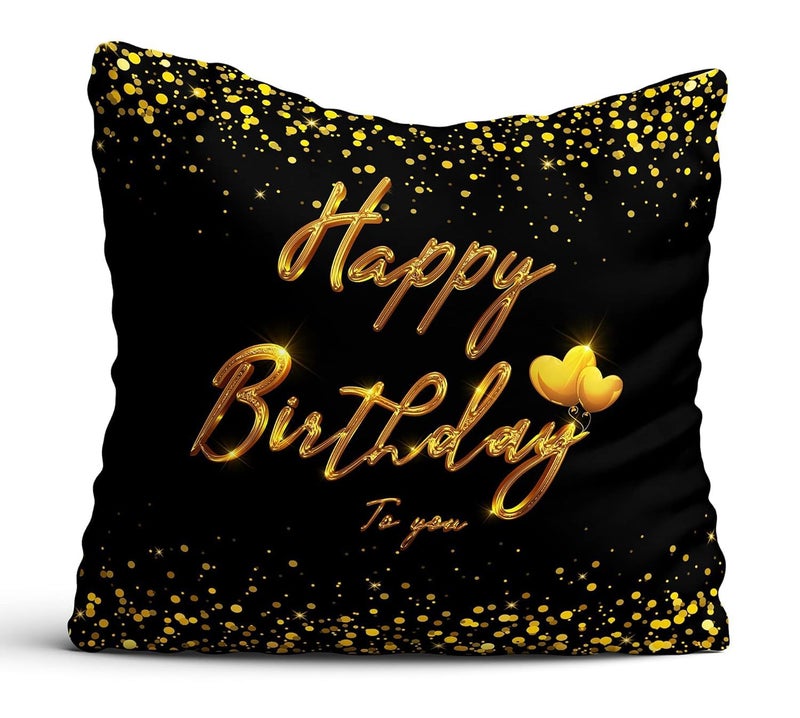 Happy Birthday Cushion Cover and Mug Set Black with Gold Lettering Happy Birthday Combo Pack of 12 x 12 Satin Cushion Cover with Filler with Ceramic Coffee Mug Greeting Card and Key Chain A01 - Image 2